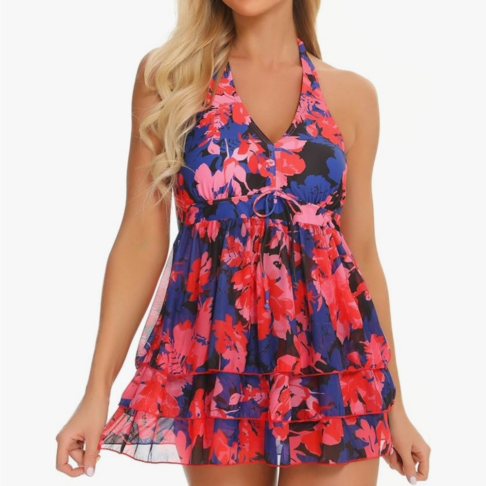 EUC FINWANLO Women’s Floral Halter 2-Piece Tankini Swimsuit w/Boyshorts SZ 2XL